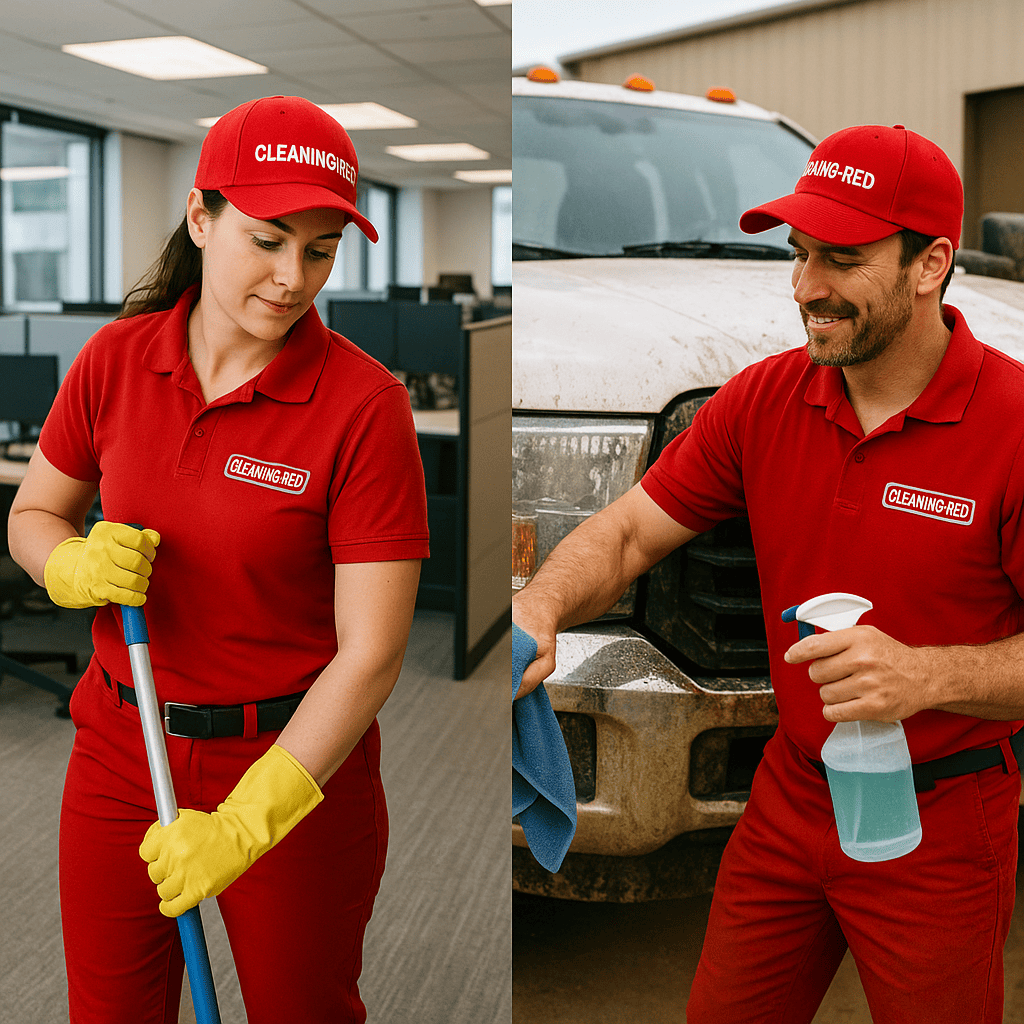 Professional cleaning team working in a modern office.